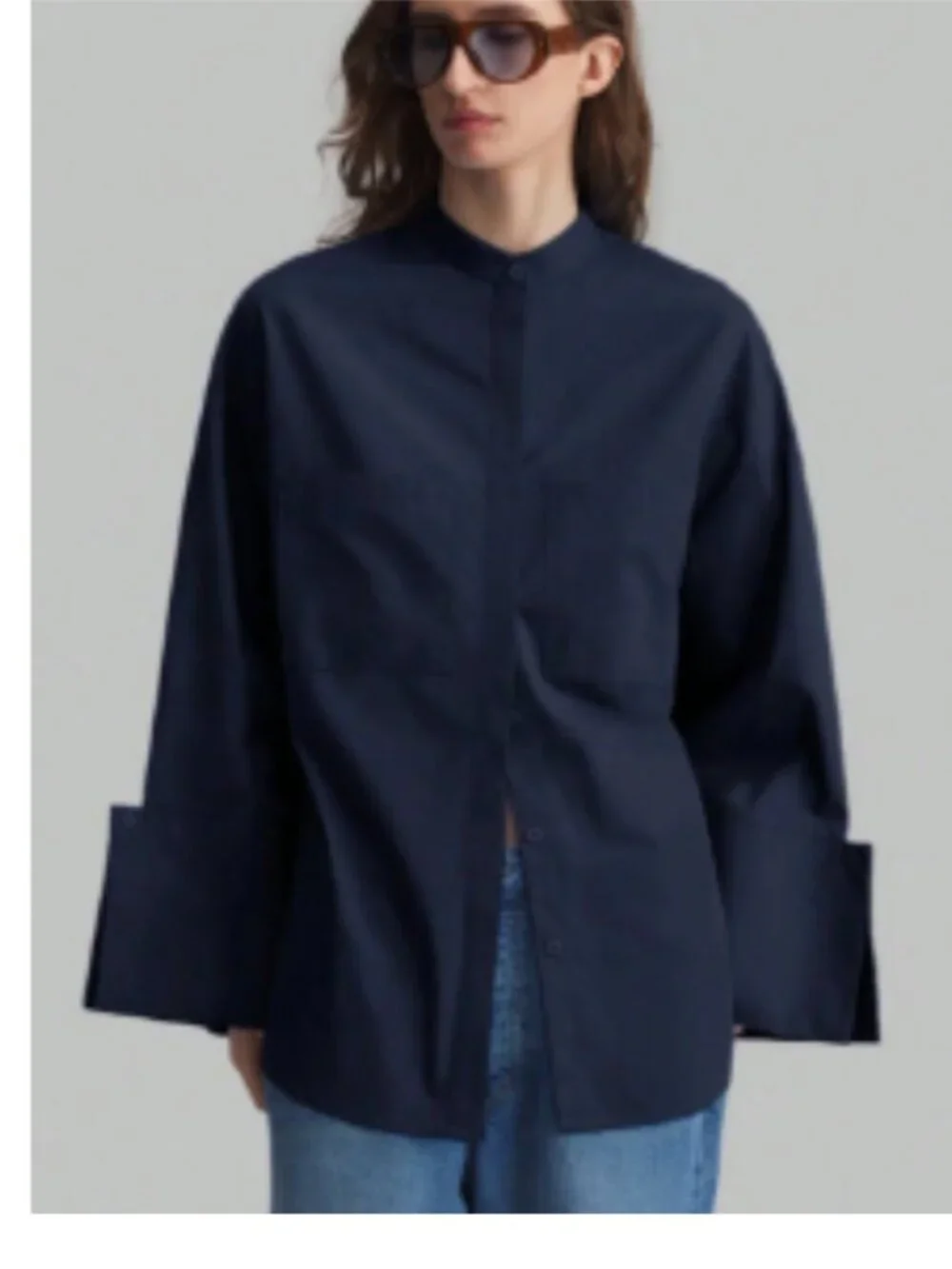 NEW Navy Blue Stylish Cotton Mix Blouse Button-Down Shirt Large-Xlarge - Picture 1 of 8